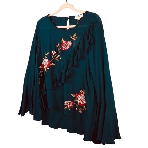 Umgee Blouse Ruffles High Low Hem Dark Green Semi Sheer Bell Sleeves Floral Sz L - Picture 4 of 12
